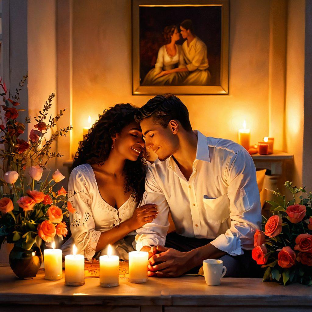 A romantic scene illustrating a couple basking in the warmth of meaningful conversation, surrounded by soft candlelight, with heart-shaped elements subtly woven into the background. The couple should appear engaged and joyful, portraying a deep emotional connection, while flowers and love notes add to the ambiance of courtship. Soft focus with warm and inviting colors. painting. vibrant shades.