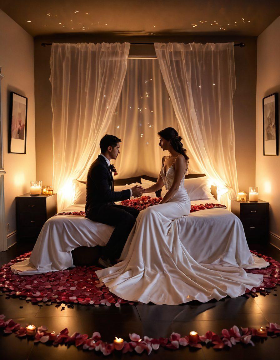 A passionate couple intertwined in a serene, candle-lit room with soft shadows cast by flickering lights. Surround them with delicate rose petals and wisps of silk sheets, symbolizing intimacy and romance. In the background, faint silhouettes of a starry night sky to evoke depth and mystery. Emphasize warm colors and soft textures to create an inviting atmosphere. super-realistic. vibrant colors.
